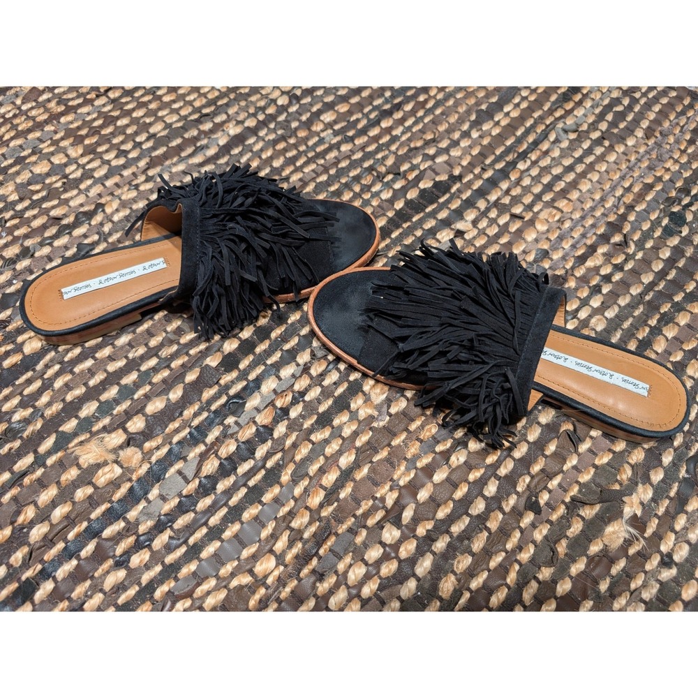 & Other Stories Black Suede Fringe Slide Sandal Flat Mules Boho Open Toe size 38